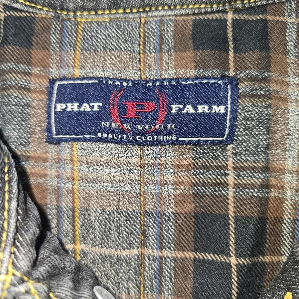 Vintage Phat Farm Kids Denim Jacket Size 7 Y2K Black Plaid Lined Bull Streetwear